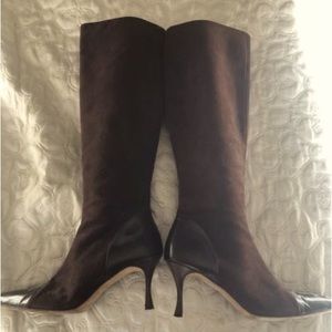 Manolo Blahnik Brown Suede Tall Shaft Boots Leather Cap Toe and Heels. Size 38.5
